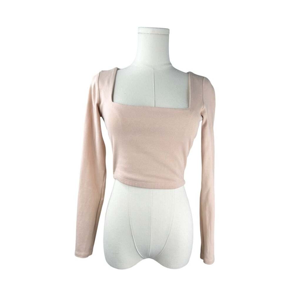 Zara Women Light Tan Ribbed Knit Square Neck Cropped Casual Top Size M